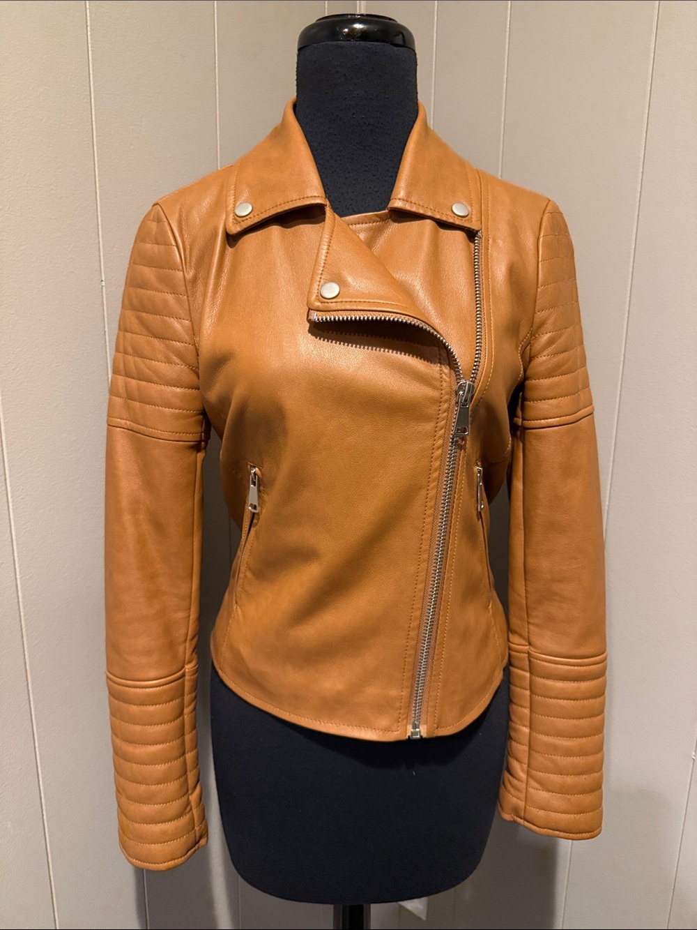 7 For All Mankind Women’s XS Cognac Quilted Faux Leather Moto Jacket